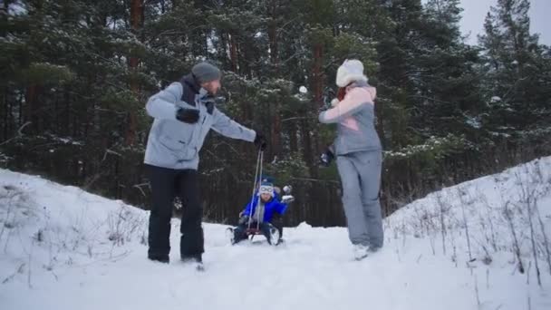 Paternidad, una familia alegre con niños divirtiéndose al aire libre en trineo y jugando bolas de nieve en el invierno en el bosque entre la nieve — Vídeos de Stock