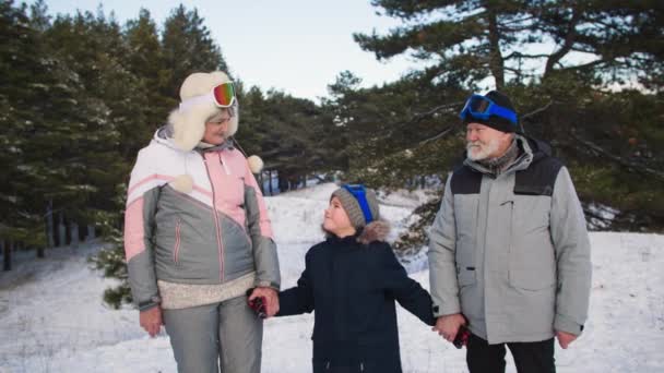 Portrait of cheerful elderly grandparents with their grandson in warm clothes and ski goggles stand in forest in winter among snow and trees, smile and look at camera — Vídeo de Stock