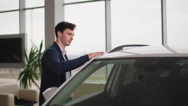 Portrait Happy Male Owner New Car Keys Hands Automobile Dealership — Stockvideo