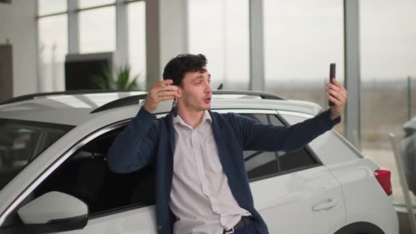 Buying Car Emotional Male Buyer Keys New Vehicle Hands Records — Stock Video