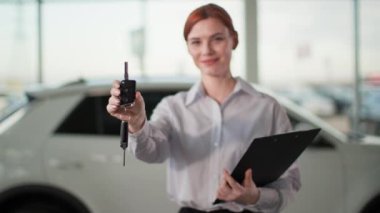 Elinde yeni bir otomobilin anahtarı olan gülümseyen kadın araba satıcısı portresi.