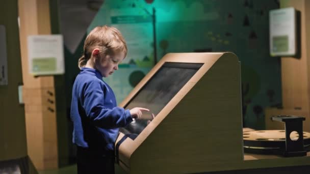 Modern Education Method Curious Male Child Plays Touch Screen Runs — Stok Video