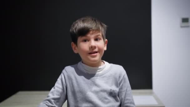 Portrait Joyful Boy Waving Camera Playing Cylindrical Lens Distorting Display — Stock Video