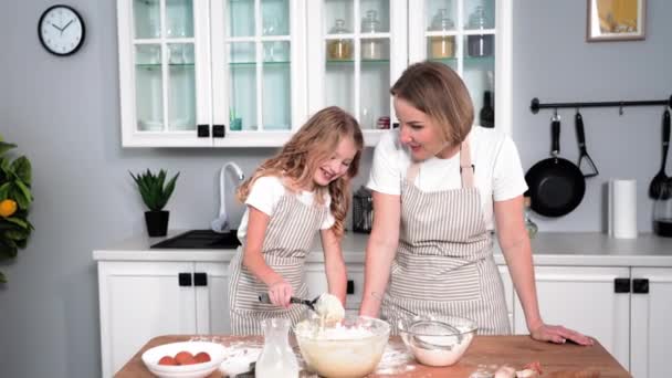 Baking Joyful Girl Together Loving Young Woman Stir Dough Help — Stockvideo