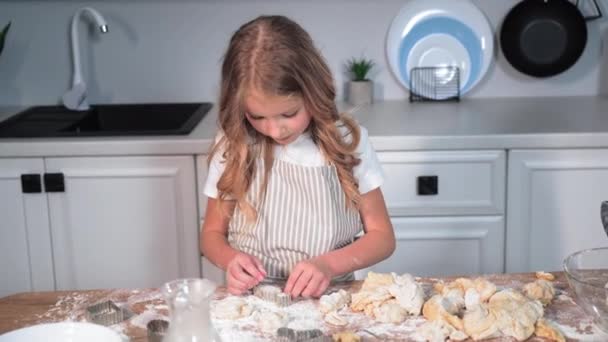 Happy Pastime Cheerful Female Child Has Fun Running Kitchen While — Vídeo de stock