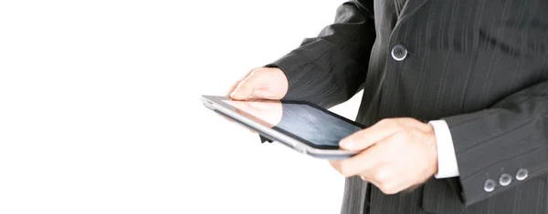 Tablet Mit Isoliertem Bildschirm Auf Geschäftsmannshand Auf Weißem Hintergrund — Stockfoto