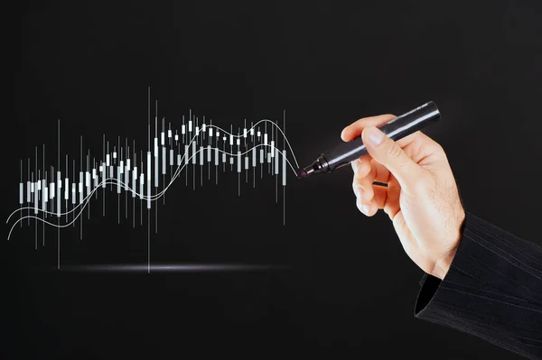 Man hand drawing Business Growth Graph with marker on transparent wipe board.