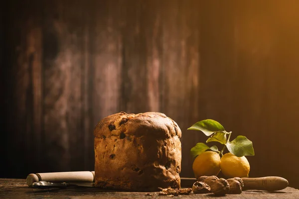 Homemade Christmas Even Panettone Rustic Wooden Table Close — Stock Photo, Image