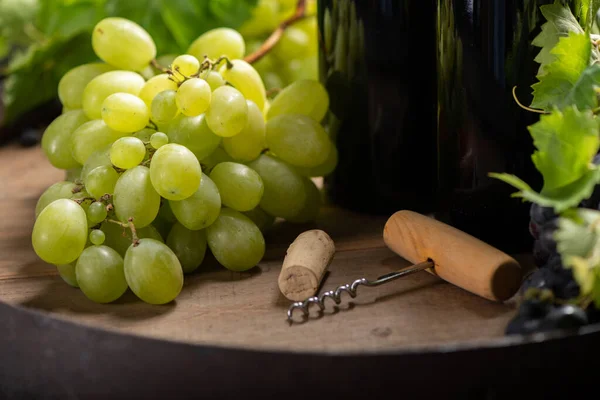 Wine Stopper Corkscrew Wooden Table Background Two Bottles Wine Close — Stockfoto