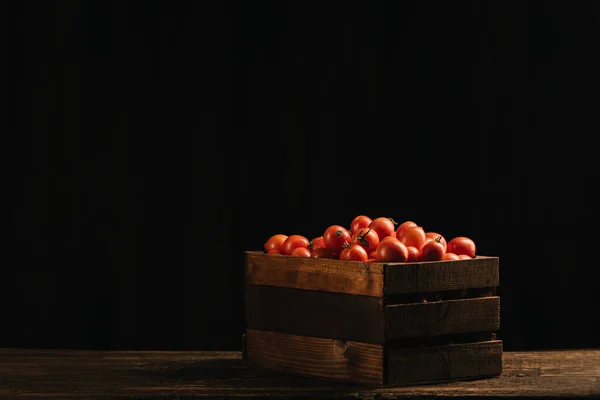 Fresh Red Tomatoes Box Wooden Table Close — стоковое фото