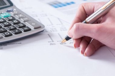 Spreadsheet with hand holding pen and calculator in business stock balance sheet.Corporate finance department.