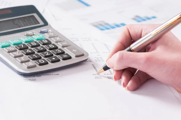 Spreadsheet Hand Holding Pen Calculator Business Stock Balance Sheet Corporate — Fotografie, imagine de stoc