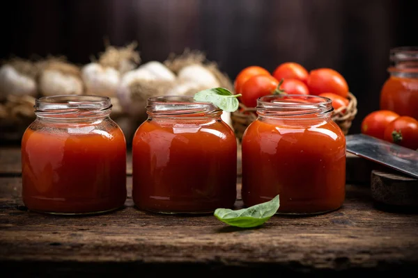 Fresh Tomato Sauce Juice Wooden Background Close — Stock Fotó