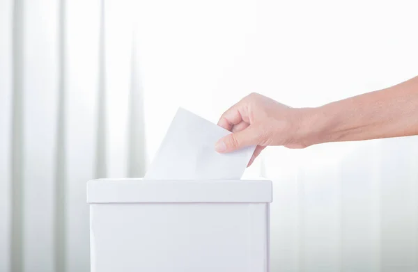 Democracy Concept Caucasian White Woman Hand Putting Blank Ballot Box — Photo