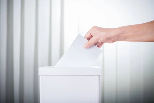 Democracy Concept Caucasian White Woman Hand Putting Blank Ballot Box — Photo