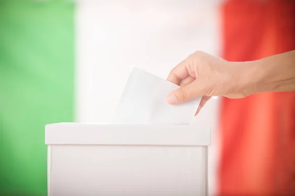 Hand Person Putting Ballot Box Elections Italy Front Flag — Photo
