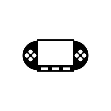 El bilgisayarı Oyun Konsolu, Taşınabilir Ev Video Oyunu. Düz Vektör Simgesi illüstrasyonu. Beyaz arka planda basit bir siyah sembol. Oyun Konsolu, Web ve mobil UI ögesi için Video Oyun işaret şablonu