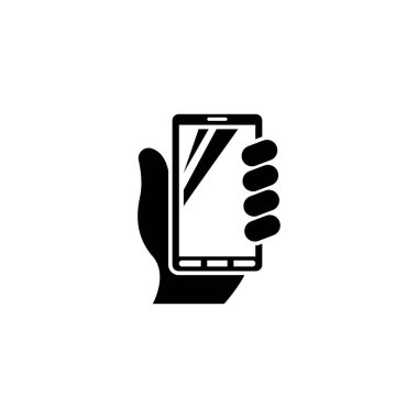Mobile Phone in Hand, Palm Holding Smartphone. Flat Vector Icon illustration. Simple black symbol on white background. Mobile Smart Phone in Hand sign design template for web and mobile UI element