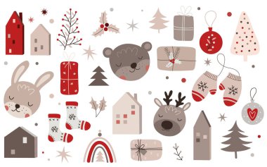 Noel ve Yeni Yıl için vekil el koleksiyonu. Doodle çizimleri evler, hayvanlar, ağaçlar ve dallarla izole etti. Kış tatili, bebek partisi, doğum günü, çocuk partisi