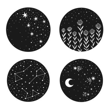 Süsleme için vektör el çizimi gök koleksiyonu. Ayın zirvesi. Hilal, yıldızlar, takımyıldız. Bebek partisi, doğum günü, çocuk partisi, kıyafet baskıları, tebrik kartları için mükemmel.