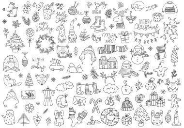Noel ve Yeni Yıl için güzel karalamalar toplayan vektör el çizimi. Çizgi çizimi izole edildi. Kış tatili, bebek partisi, doğum günü, çocuk partisi