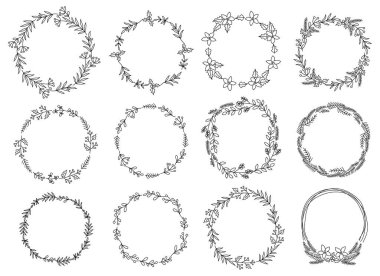 Noel ve Yeni Yıl için çelenk koleksiyonu. Karalama çizgisi izole çizilmiş. Kış tatili, bebek partisi, doğum günü, çocuk partisi