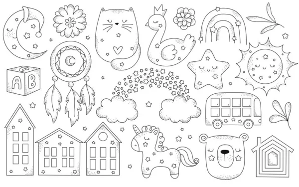 Vector Dibujado Mano Doodle Colección Con Casas Animales Elementos Decoración — Vector de stock