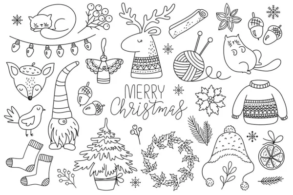 Vector Mão Desenhada Coleção Doodles Bonitos Para Natal Ano Novo — Vetor de Stock