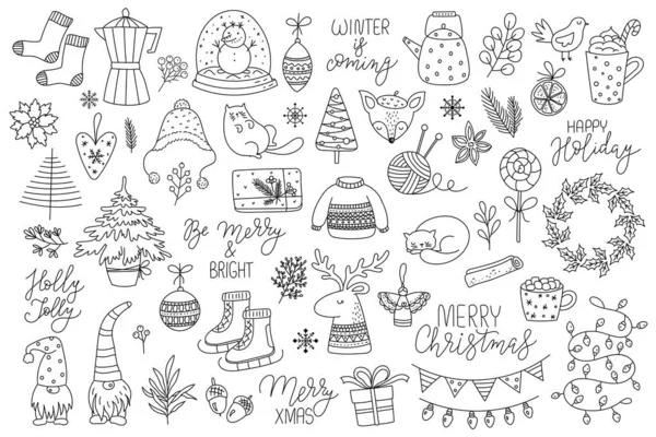 Vector Handgezeichnete Sammlung Von Niedlichen Doodles Für Weihnachten Und Neujahr — Stockvektor