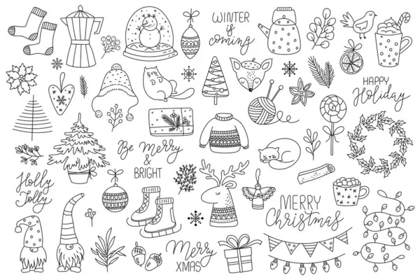 Vector Handgezeichnete Sammlung Von Niedlichen Doodles Für Weihnachten Und Neujahr — Stockvektor