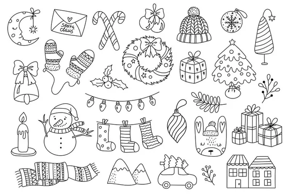 Vector Handgezeichnete Sammlung Von Niedlichen Doodles Für Weihnachten Und Neujahr — Stockvektor