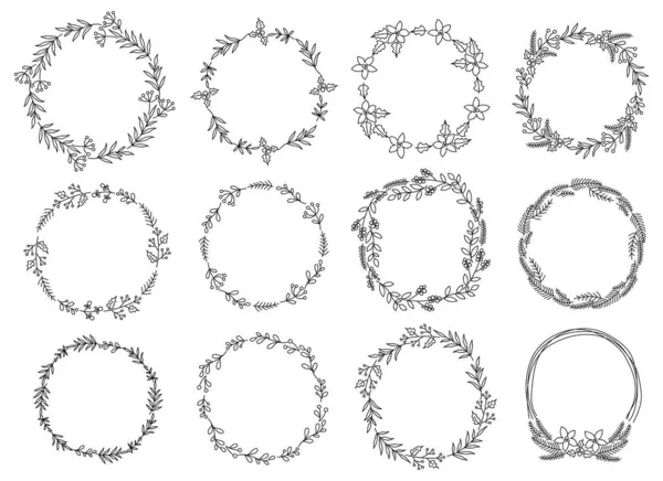 Vector Collection Wreaths Christmas New Year Doodle Line Drawn Isolated — Stock Vector
