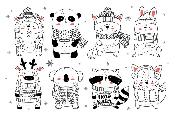 圣诞节和新年期间 病媒收集了许多穿着衣服的可爱动物 涂鸦线孤立的插图 婴儿淋浴 儿童派对 图库插图