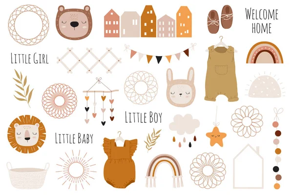 Vector Hand Drawn Baby Shower Collection Houses Clothes Animals Decor Stock Vector