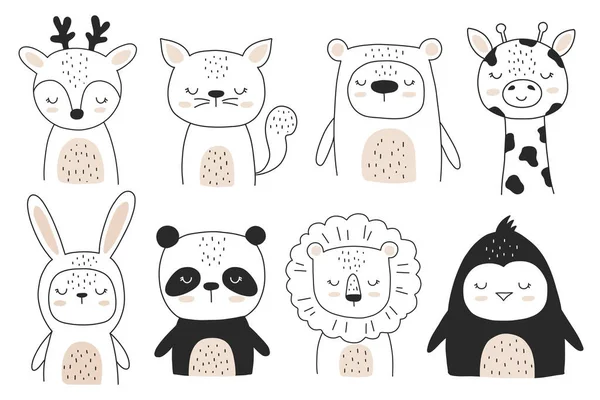 Vector Dibujado Mano Animales Del Bosque Para Decoración Viveros Línea Ilustración De Stock