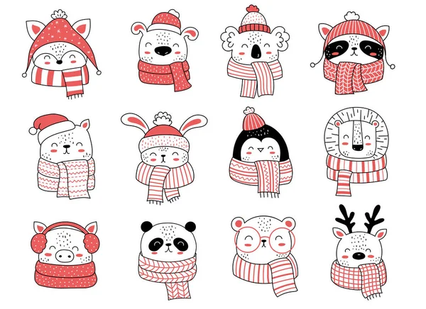 圣诞节和新年期间 病媒收集了许多穿着衣服的可爱动物 涂鸦线孤立的插图 婴儿淋浴 儿童派对 图库矢量图片