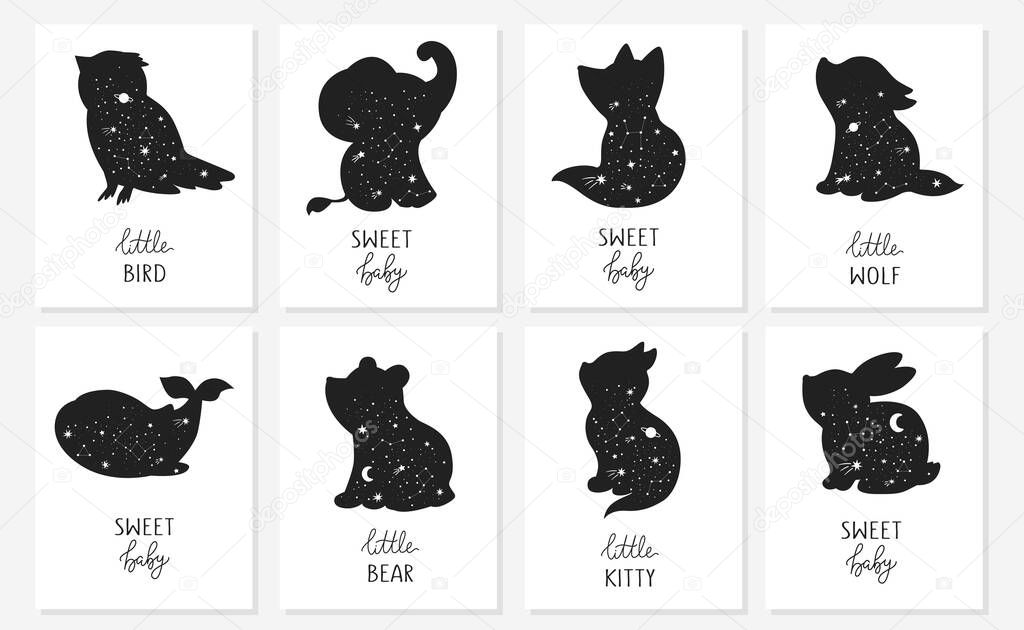 Vector hand drawn woodland baby animals for decoration. Celestial clipart. Bear, fox, rabbit, wolf, elephant, cat, whale. Perfect for baby shower, birthday, children's party, clothing prints, greeting cards