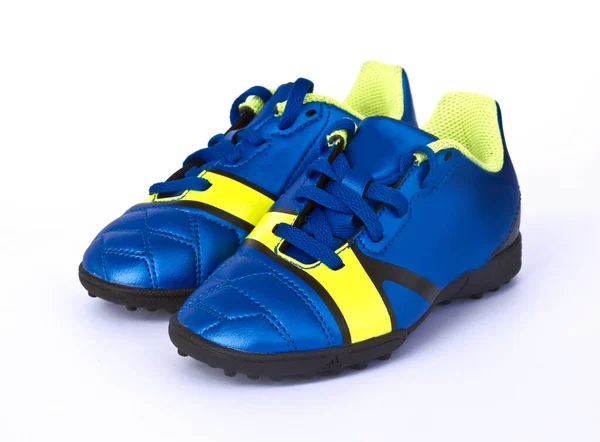 Zapatos Fútbol Cuero Azul Para Niños Botas Fútbol Aisladas Sobre —  Fotos de Stock