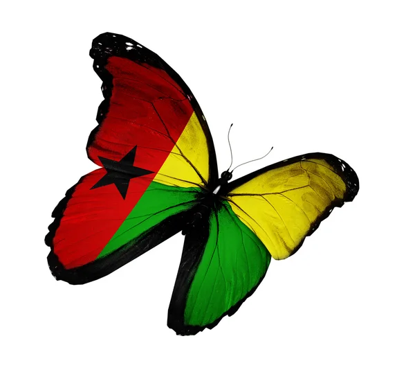 Guinea-Bissau bandera mariposa volando, aislado sobre fondo blanco —  Fotos de Stock