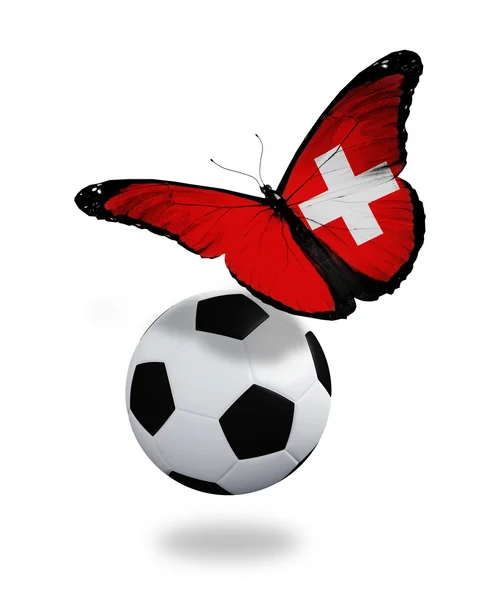 Концепция - бабочка со швейцарским флагом, летящим рядом с мячом, как f — стоковое фото
