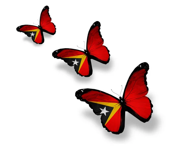 Tre farfalle della bandiera di Timor Est, isolate su bianco — Foto Stock