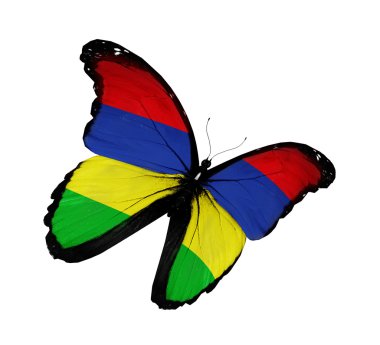 mauritius bayrak kelebek uçuyor, izole üzerinde beyaz arka plan