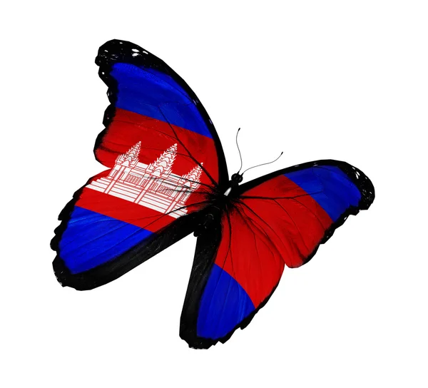 Cambodja flag sommerfugl flyvende, isoleret på hvid baggrund - Stock-foto