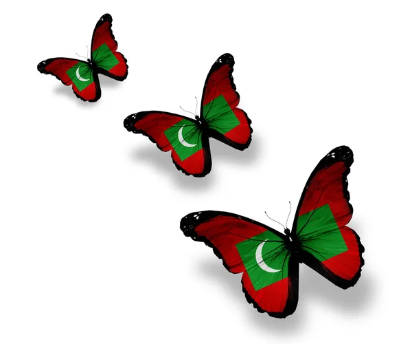 Tre farfalle bandiera maldiviana, isolate su bianco — Foto Stock