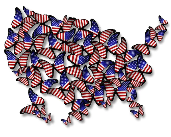 Flock of american flag butterflies flying as map of USA, isolate — Stock Photo, Image