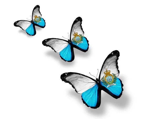 Tres mariposas bandera de San Marino, aisladas en blanco —  Fotos de Stock