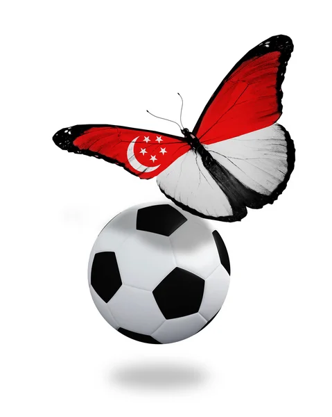 Concepto - mariposa con bandera de Singapur volando cerca de la pelota , — Foto de Stock