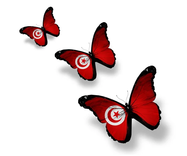 Tre farfalle bandiera tunisina, isolate su bianco — Foto Stock