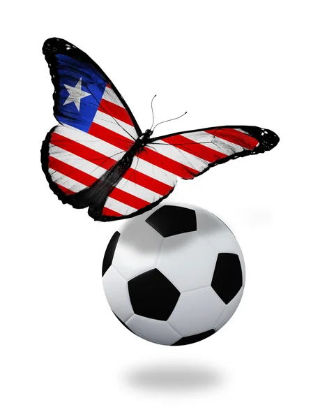 Konsep - kupu-kupu dengan bendera Liberia terbang di dekat bola, seperti — Stok Foto