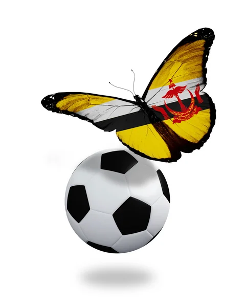 Концепция - бабочка с флагом Брунея, летящим рядом с мячом, как — стоковое фото